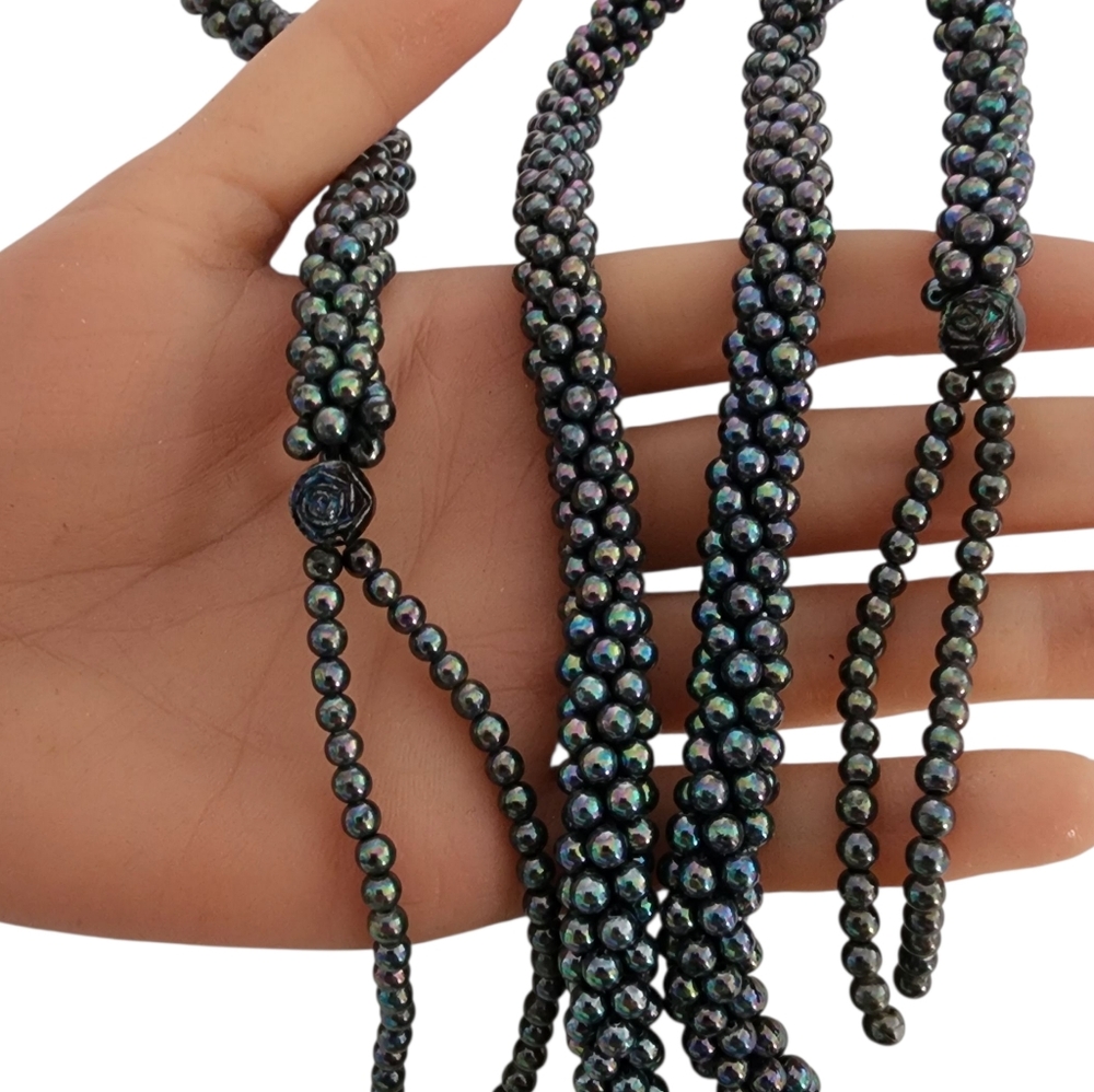 Kumihimo rope belt dark blue aurora borealis seed beads